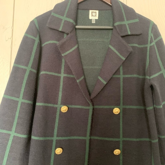 Anne Klein Green Navy Plaid Open Front Cardigan jacket gold buttons Size Small - Picture 2 of 8